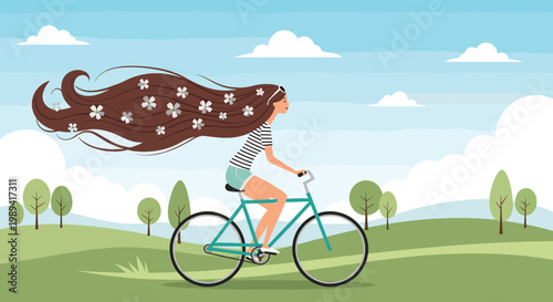 Woman with extremely long flowing hair decorated with white flowers riding a bicycle through a green park landscape.