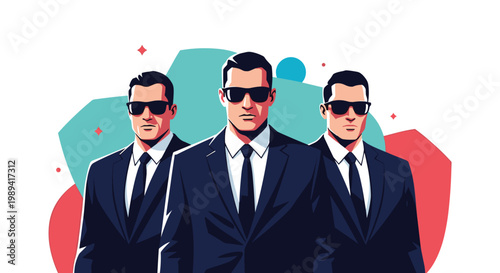 Group of three professional security bodyguards wearing black suits and dark sunglasses standing in serious formation.