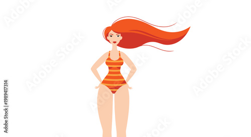 Beautiful young woman wearing orange striped swimsuit with long red hair blowing in the wind against a clean white background.