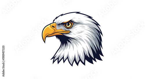 Powerful bald eagle head profile illustration showing sharp eye and strong yellow beak isolated on a clean white background.