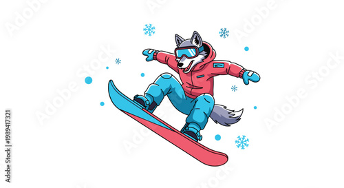 Cool anthropomorphic wolf character in winter gear performing an impressive jump on a snowboard with falling snowflakes background.