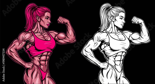 Muscular female bodybuilder flexing bicep, athletic woman fitness vector illustration, pink and black white gym character set for sports branding