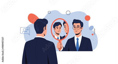 Man in a suit looking into a mirror and seeing his reflection representing self-reflection and personal growth.