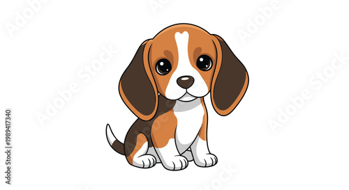 Adorable young beagle puppy with big brown eyes sitting and looking curious against a plain and clean white background.