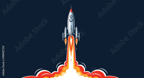 Powerful space rocket taking off with massive fire and clouds of smoke against a dark night sky background.