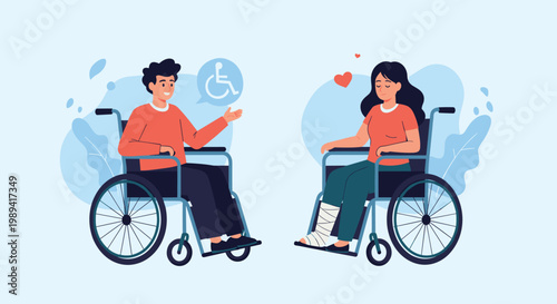 Man and woman in wheelchairs interacting with a speech bubble showing a handicap symbol representing disability support.