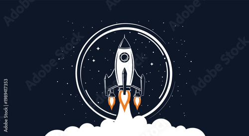 Classic rocket ship launching into deep space surrounded by glowing white stars and a circular moon or planet frame decoration.