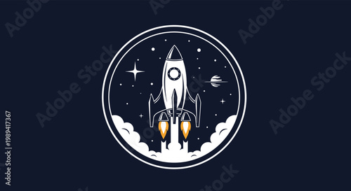 Circular space explorer emblem featuring a launching rocket ship among stars moon and clouds in vintage style.