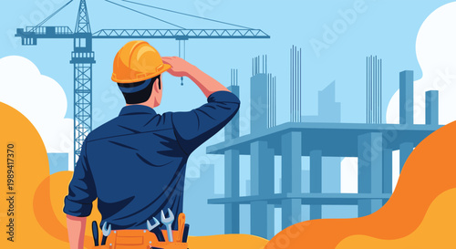 Construction worker in hard hat and blue shirt observing a large building project with cranes under a clear blue sky.