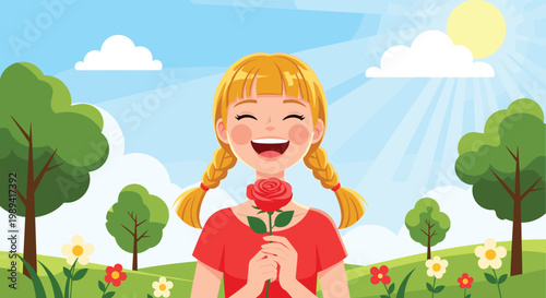 Happy young girl with blonde braids holding a beautiful red rose and laughing in a sunny and vibrant green meadow landscape.