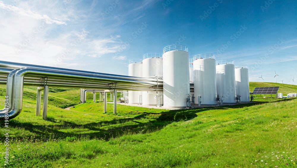 Fototapeta premium Sustainable green energy facility with storage tanks solar panels and wind turbines in nature