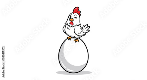 Cute white chicken with a red comb winking while perched on top of a giant white egg against white background.