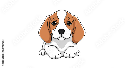 Cute young beagle puppy with brown and white fur sitting and looking forward with large adorable dark eyes.