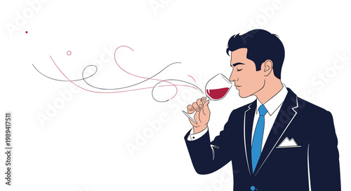 Elegant businessman in a dark suit savoring the rich and complex aroma of a glass of red wine against a white background.