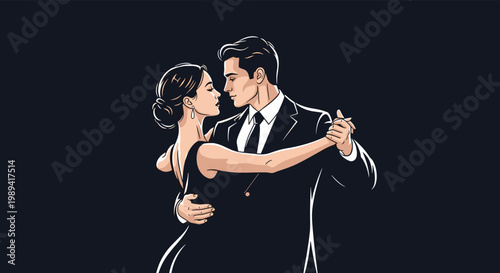 Elegant couple in formal black evening wear dancing gracefully together against a solid black background.