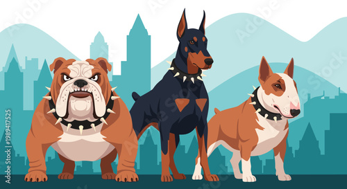 Group of powerful guard dogs including a bulldog, doberman, and bull terrier standing in front of city buildings.