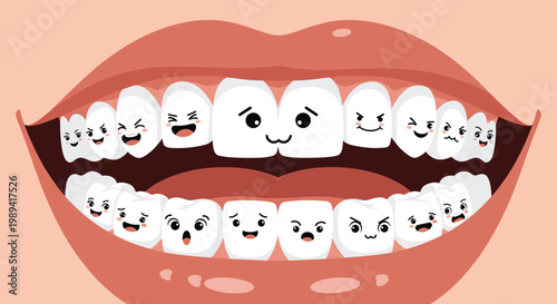 Cartoon mouth open wide showing white teeth with various funny facial expressions for dental care and hygiene education.