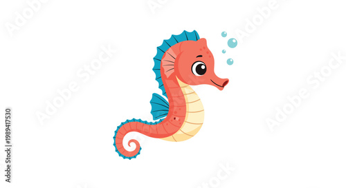 Cute orange seahorse swimming gracefully in the deep blue ocean with small bubbles rising up against a white background.