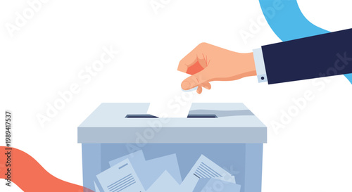 Close up of a person's hand in a formal business suit casting a vote into a transparent ballot box during an election.