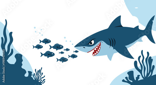 Fierce great white shark with sharp teeth chasing a small school of blue fish in the deep and dark ocean water.