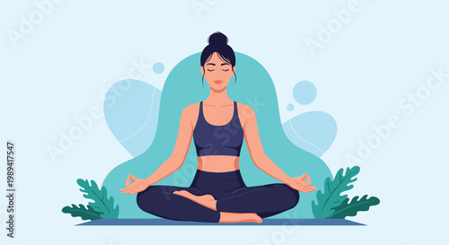 Peaceful young woman sitting in a lotus pose practicing yoga and meditation for mental health, balance, and relaxation.