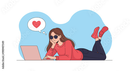 Young girl in a red sweater and sunglasses lying down on the floor and using a laptop while thinking about love and romance.