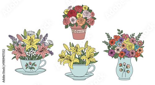 Collection of beautiful flower arrangements with colorful lilies and roses in decorative cups and a classic blue vase.