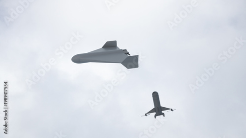 Unmanned aerial vehicle and interceptor drone against the sky, 3D drone model, sky defense