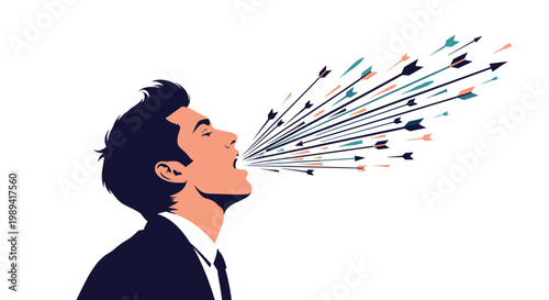 Profile illustration of a man with his mouth wide open shouting a series of sharp arrows representing aggressive communication or verbal attacks.