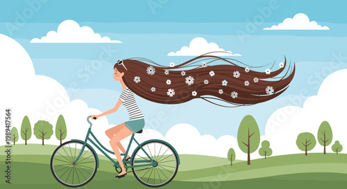 Whimsical illustration of a young woman with exceptionally long brown hair decorated with white flowers riding a bicycle through a green park.