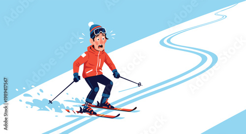 Terrified man in winter gear and goggles skiing down a steep snowy slope while losing control of his balance in a mountain resort.