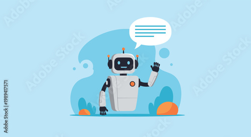 Friendly white humanoid robot with a digital display face waving its hand while standing in a stylized garden under a clear blue sky.