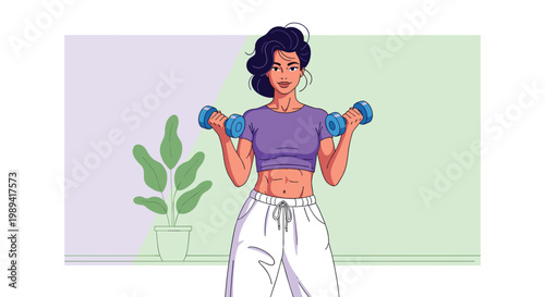Fit young woman with athletic build lifting blue dumbbells for strength training and muscle toning in a stylized indoor gym environment.