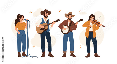 Country music band performing with acoustic guitar, banjo, violin, and female vocalist in traditional western outfits and cowboy hats.
