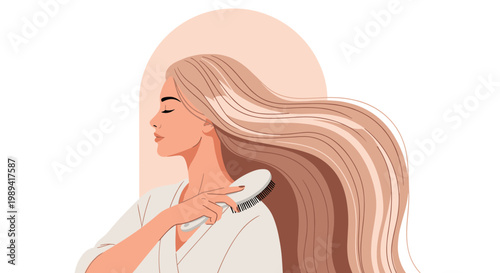 Side profile of a beautiful woman with very long flowing hair using a brush to groom her tresses against a soft pastel background.