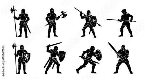 Medieval knight silhouettes set, 8 warrior vector icons with swords and shields, black armored soldier figures for historical gaming and heraldry