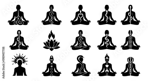 Kundalini yoga meditation icons set, spiritual energy and chakra awakening silhouettes, 15 black vector symbols for wellness and mindfulness