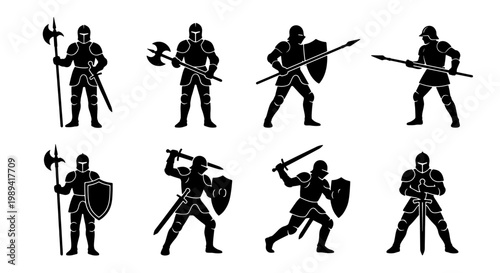 Medieval knight silhouettes set, 8 armored warrior vector icons with swords and shields, black fantasy soldier figures for gaming and history