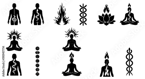 Kundalini yoga energy icons set, spiritual awakening and chakra meditation symbols, black silhouette vector illustrations for wellness and healing