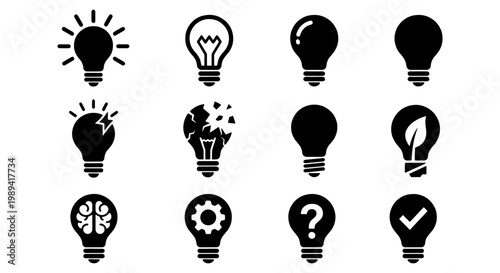 Minimalist light bulb icon set, 12 creative idea and innovation symbols, black vector lightbulb silhouettes for business and technology concepts