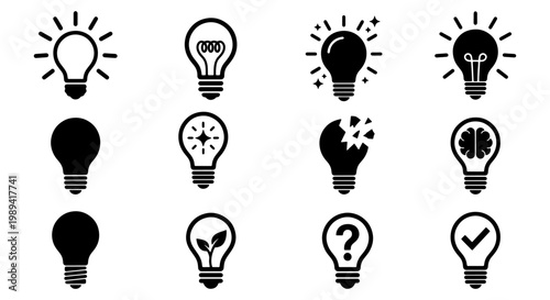 Minimalist light bulb icon set, 12 creative idea and innovation symbols, black vector lightbulb silhouettes for business and education