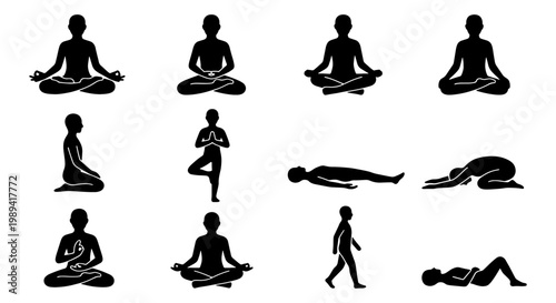 Yoga meditation silhouette icons, set of 12 black vector figures in lotus and tree poses, mindfulness and wellness exercise symbols for health apps