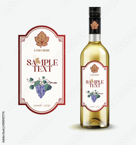 Wine bottle, label design, white wine, grape illustration, sample text