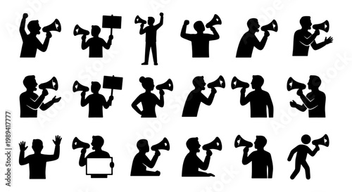 Protest silhouette icons set, people shouting into megaphones and holding signs, activist demonstration vector collection, public speaking and rally graphics