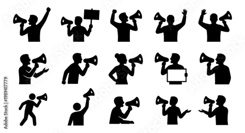 Protest and activism silhouette icons, 15 black vector people with megaphones, shouting demonstrators and activists with bullhorns and signs