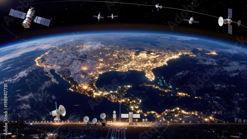 Futuristic orbital network of data centers satellites beaming data over North American night sky