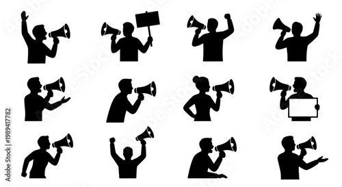 Protest silhouette set with 12 people shouting into megaphones, activist figures with bullhorns and signs, black vector icons of demonstrators