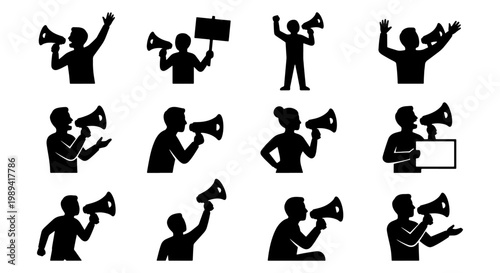 Protest silhouette icons set, people shouting into megaphones and holding signs, activist demonstration vector collection, public speaking and announcement symbols