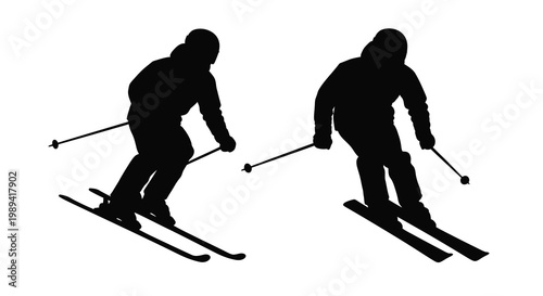 Two skiers descend a snowy slope captured in a striking black silhouette