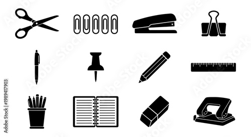 Office stationery icon set, black silhouette school supplies vector collection, 12 professional desk accessories for business and education